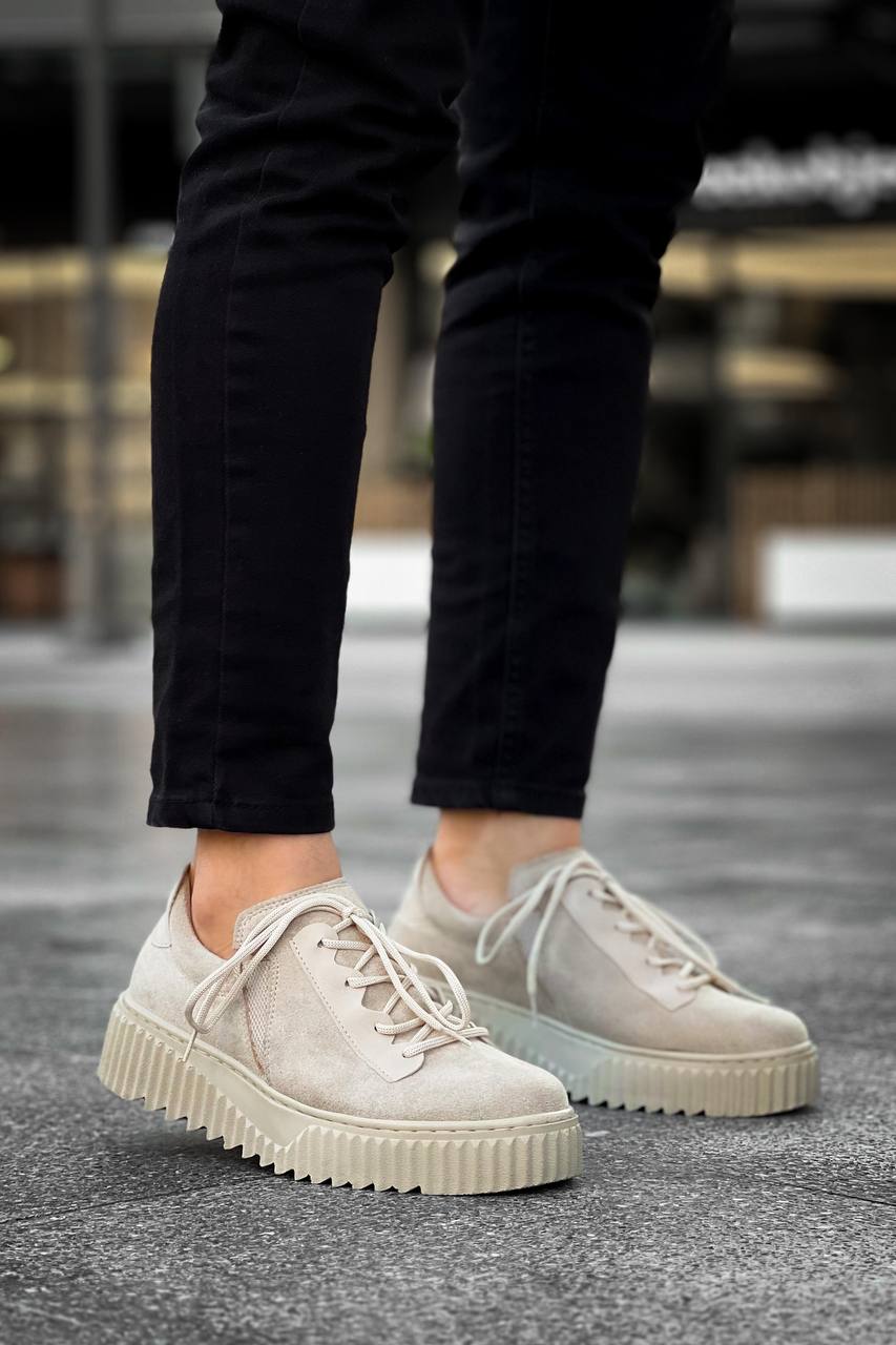 Beige Suede Lace-Up Casual Men's Shoes with High Sole