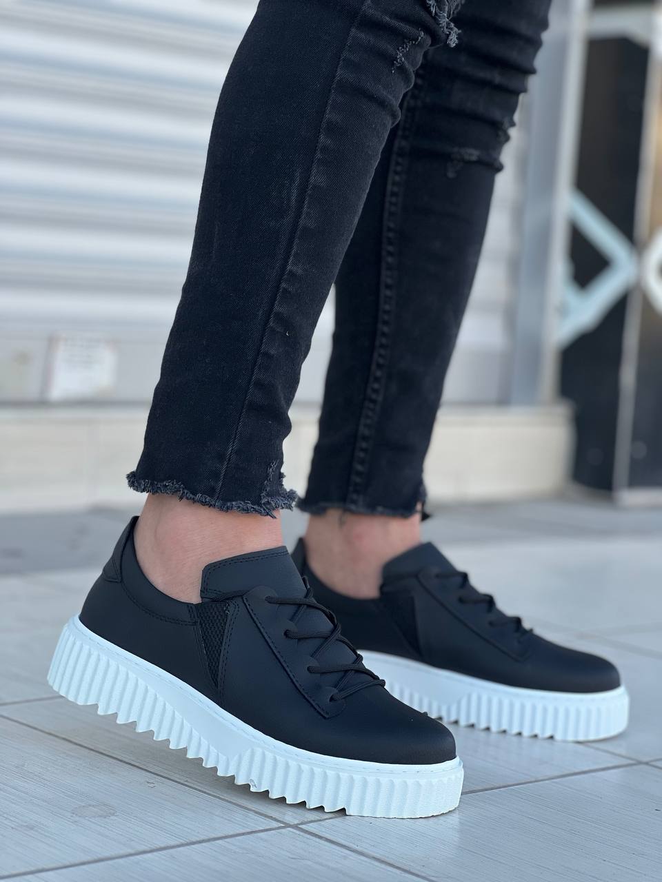 Black Leather High White Sole Lace-Up Sneaker for Men