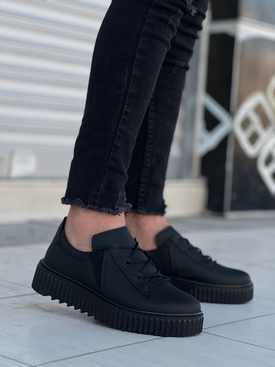 Black Leather High Sole Lace-up Elastic Daily Men's Shoes
