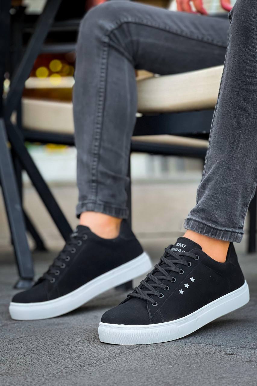 Black Suede High Top Men's Casual Shoes with White Sole
