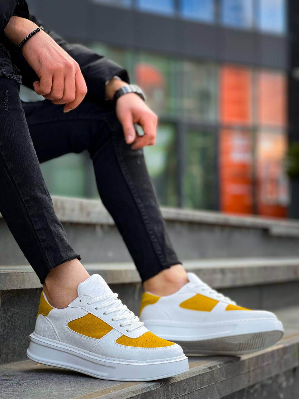 White High Top Sneakers with Yellow Suede Detailing