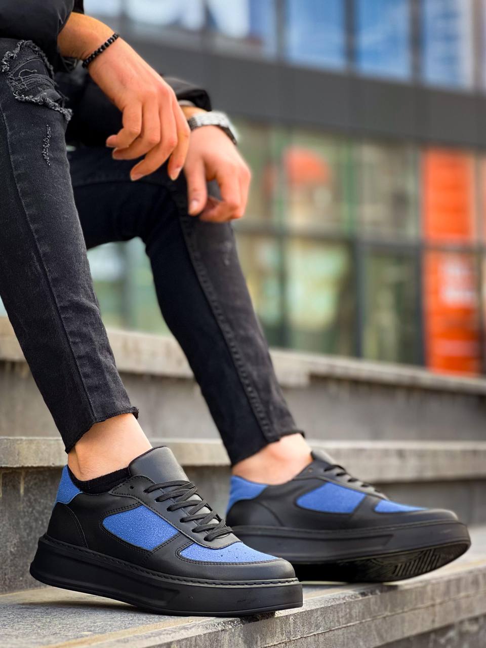 Black High Top Daily Sneakers with Blue Suede Detail