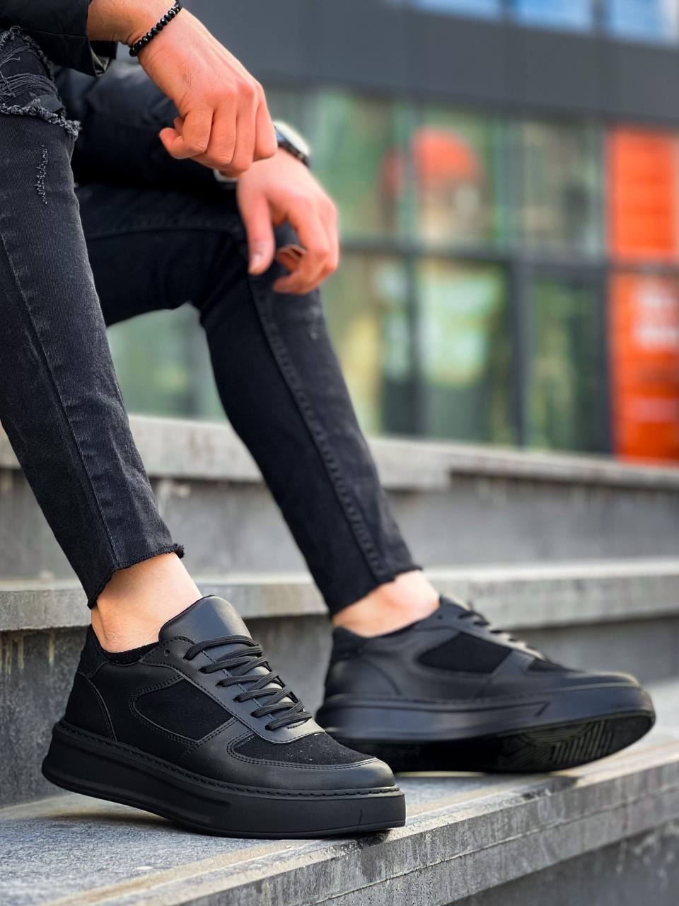 Black Leather Black Suede High Sole Casual Sneakers