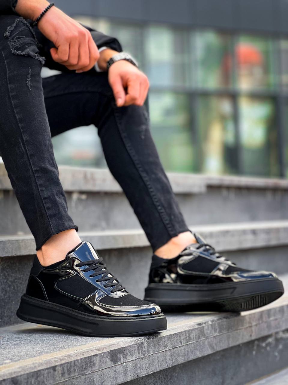 Black Leather High Platform Daily Sneakers