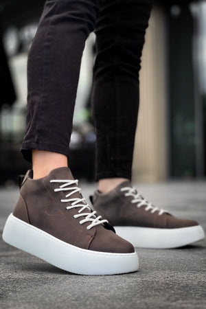 LE10 Lace-Up Men's High Top White Sole Brown Sneaker Boots