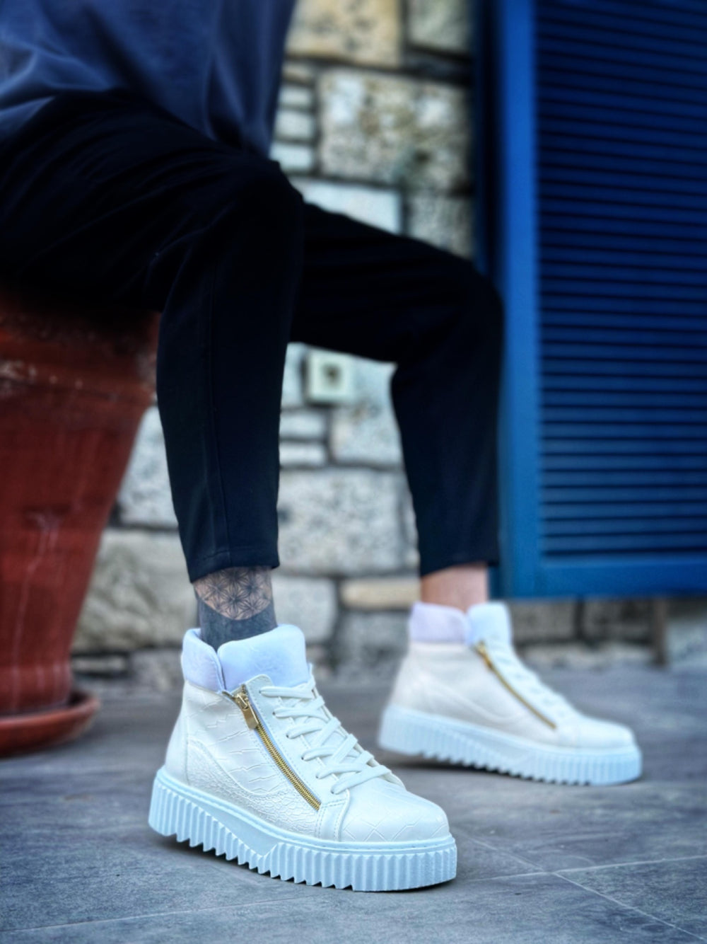 White Men's High Top Thick Sole Double Zipper Sneakers