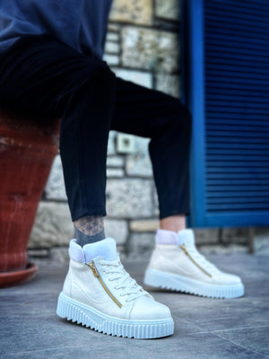 White Men's High Top Thick Sole Double Zipper Sneakers