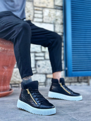 Dual Zipper Black Men's Chunky High-Top BOA Sneakers