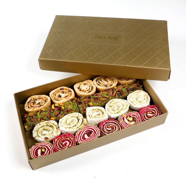 علبة ذهبية من الحلقوم التركي والبقلاوة المشكلة 800 جرام