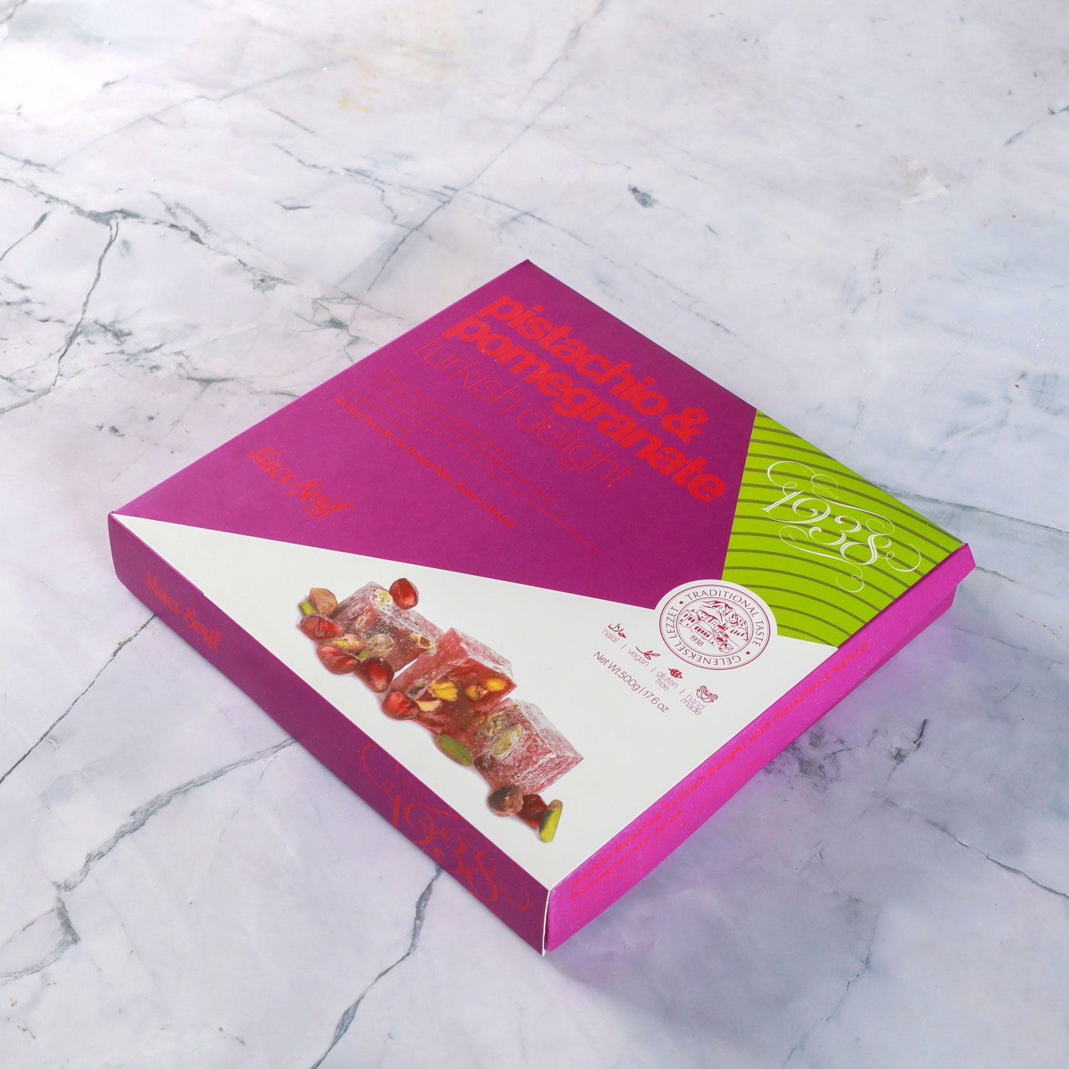 Double Roasted Pistachio Pomegranate Turkish Delight in Colorful Box