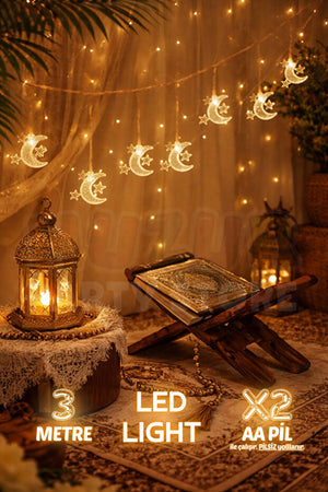 3 Stars 1 Crescent Moon Figure LED Light - 3 Meters Welcome Ramadan/Eid 20 LEDs Daylight Battery Operated