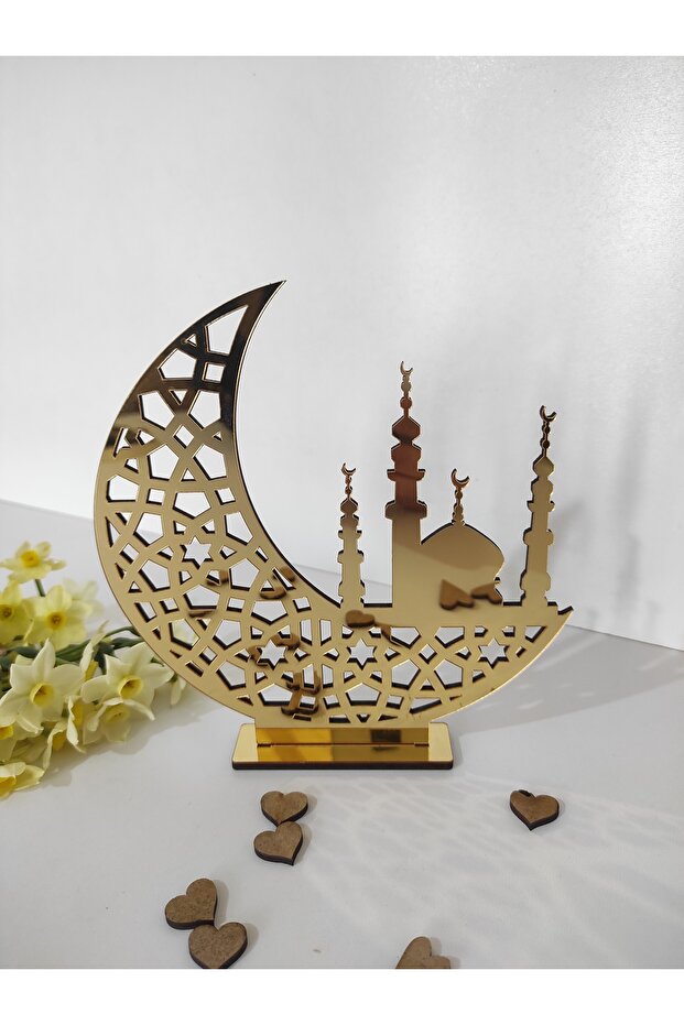 Mosque and Crescent Detailed Gold Plexiglass Desktop/Table Decor - Decorative Standing Ramadan Decor (15x15 cm)