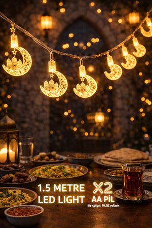 1.5m Ramadan LED Light Crescent Star - 10 Yellow Daylight Battery Operated Ceiling/Religious Decoration Set