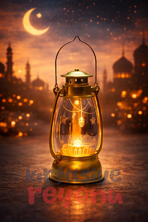 13 cm Gold Plastic Ramadan Themed LED Lantern - No: 12