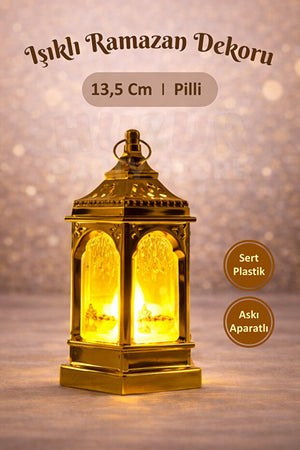 13.5 cm Lighted Ramadan Lantern - Date & Lantern Pattern Gold Battery Operated Hanging Decor