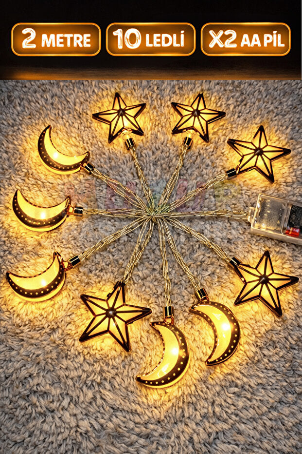 Ramadan Star & Crescent Moon LED Light Decoration - 2 Meters Embossed Shiny Daylight Yellow Battery Operated