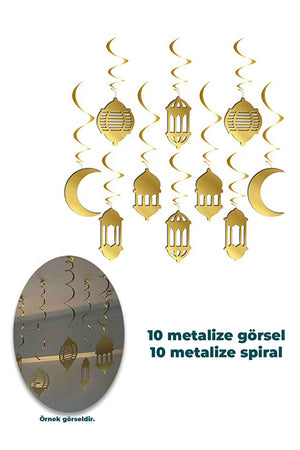 10-Piece Ramadan Pendant Ceiling Decoration - 3D Gold