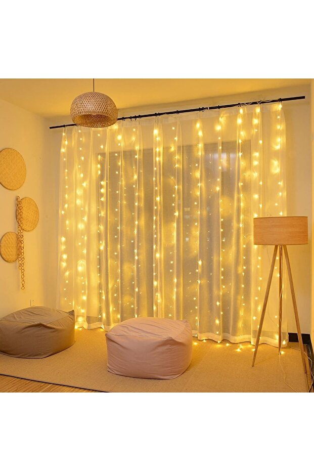 3x3 Meter Ramadan Eid Light - Dim Yellow Fairy Curtain LED, USB Powered with Remote, 8-Function