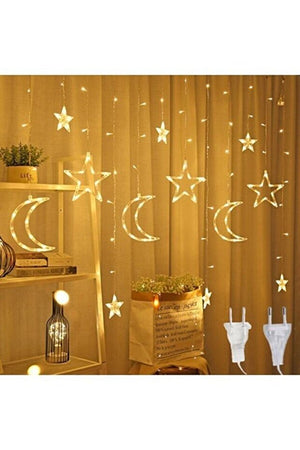 Ramadan Decoration Gift - 8-Function Moon & Star Curtain LED with Mica Pendants