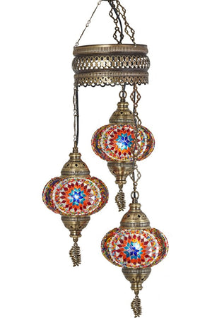 3-Piece Authentic Ottoman Mosaic Colored Glass Pendant Chandelier - 3 Large Glasses Multicolor