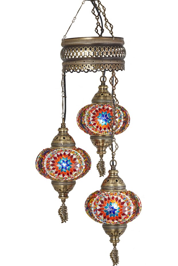 3-Piece Authentic Ottoman Mosaic Colored Glass Pendant Chandelier - 3 Large Glasses Multicolor