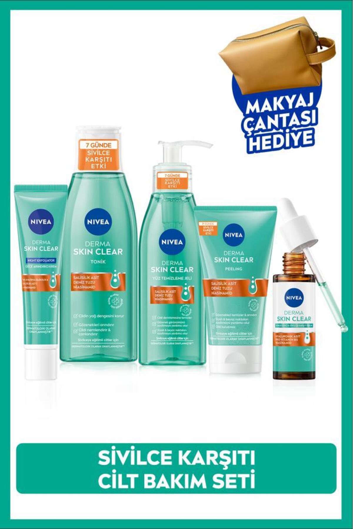 Nivea Derma Skin Anti Clear Set, Serum, Facial Cleansing Gel, Tonic, Peeling, Night Cream and Bag