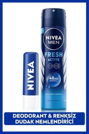 Nivea Men's Spray Deodorant Fresh Active 150ml and Original Care Colorless Lip Care Cream
