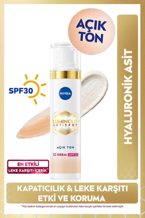 Nivea Luminous630 Anti-Dark Spot CC Face Cream 40ml, SPF30 Sunscreen, Hyaluronic Acid, Light Tone