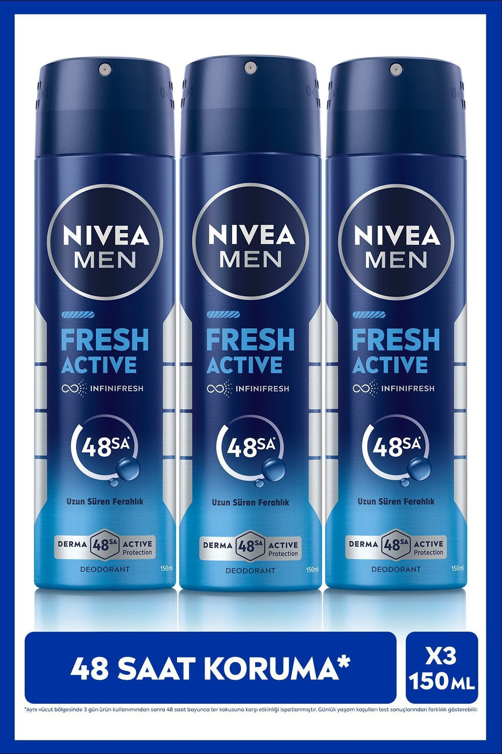 Nivea MEN Men's Spray Deodorant Fresh Active 150ml, 48 Hours Protection Against Sweat Odor, Aluminium-Free, X3 Pieces