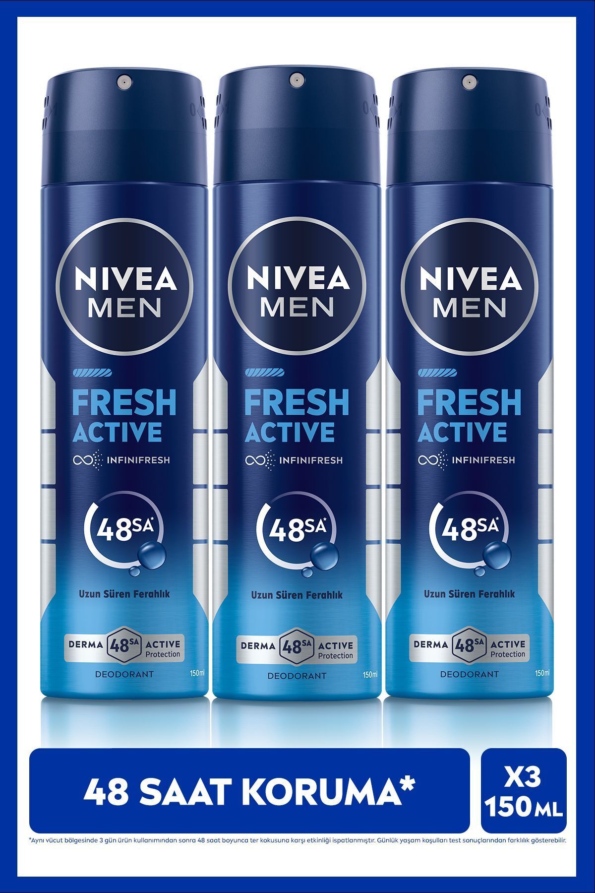 Nivea MEN Men's Spray Deodorant Fresh Active 150ml, 48 Hours Protection Against Sweat Odor, Aluminium-Free, X3 Pieces
