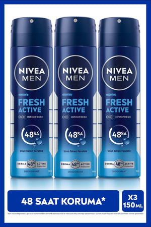 Nivea MEN Men's Spray Deodorant Fresh Active 150ml, 48 Hours Protection Against Sweat Odor, Aluminium-Free, X3 Pieces