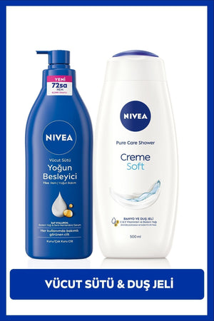 Nivea Creme Soft Shower Gel 500ml and Intense Nourishing Moisturizing Body Milk 400ml, Dry Skin, Smooth Skin