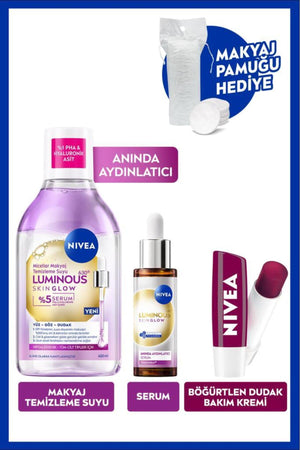 Nivea Skin Glow Shine Effective Micellar Makeup Cleansing Water, Skin Serum, Blackberry Lip Cream and Cotton
