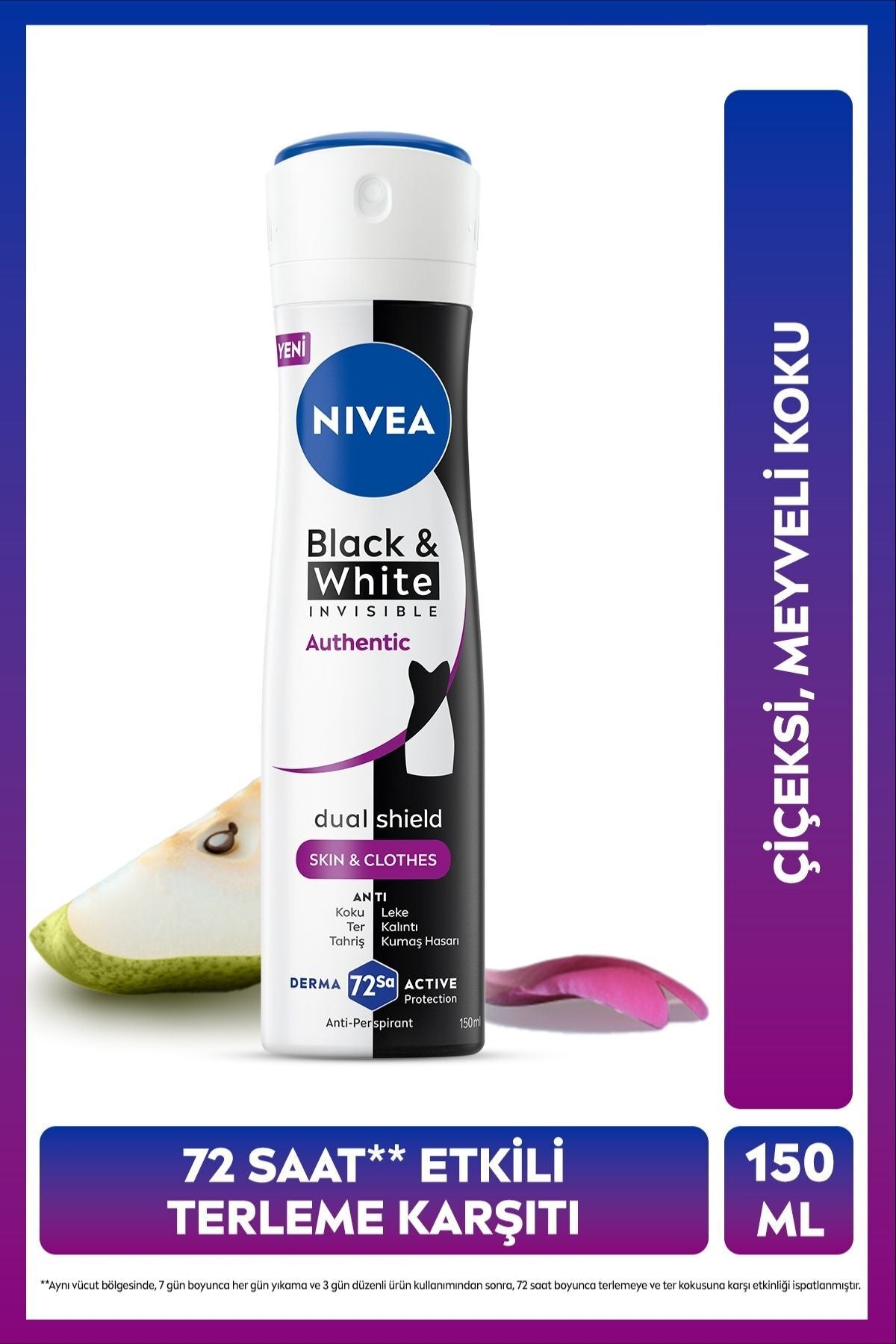 Nivea Women's Spray Deodorant Black&White Authentic 150 ml, Anti-Sweat, Fruit, Flower Scent, Fabric Protection