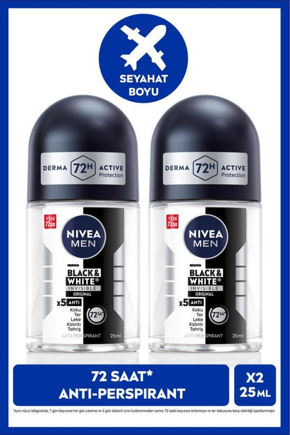 Nivea MEN Men's Roll-on Deodorant Black&White Invisible Original 25ml, 72 Hours Anti-perspirant Sweat Protection