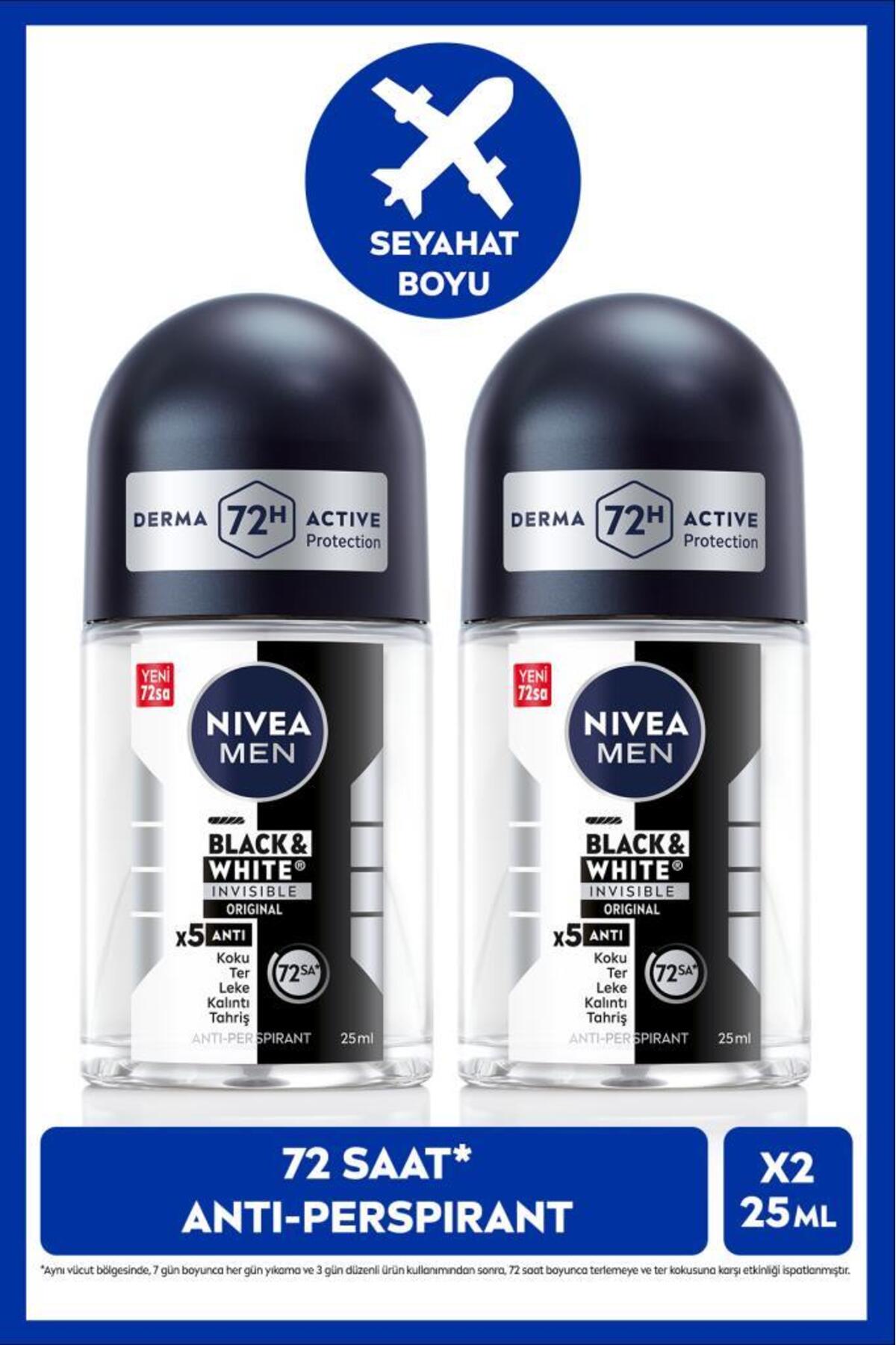 Nivea MEN Men's Roll-on Deodorant Black&White Invisible Original 25ml, 72 Hours Anti-perspirant Sweat Protection