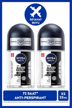 Nivea MEN Men's Roll-on Deodorant Black&White Invisible Original 25ml, 72 Hours Anti-perspirant Sweat Protection