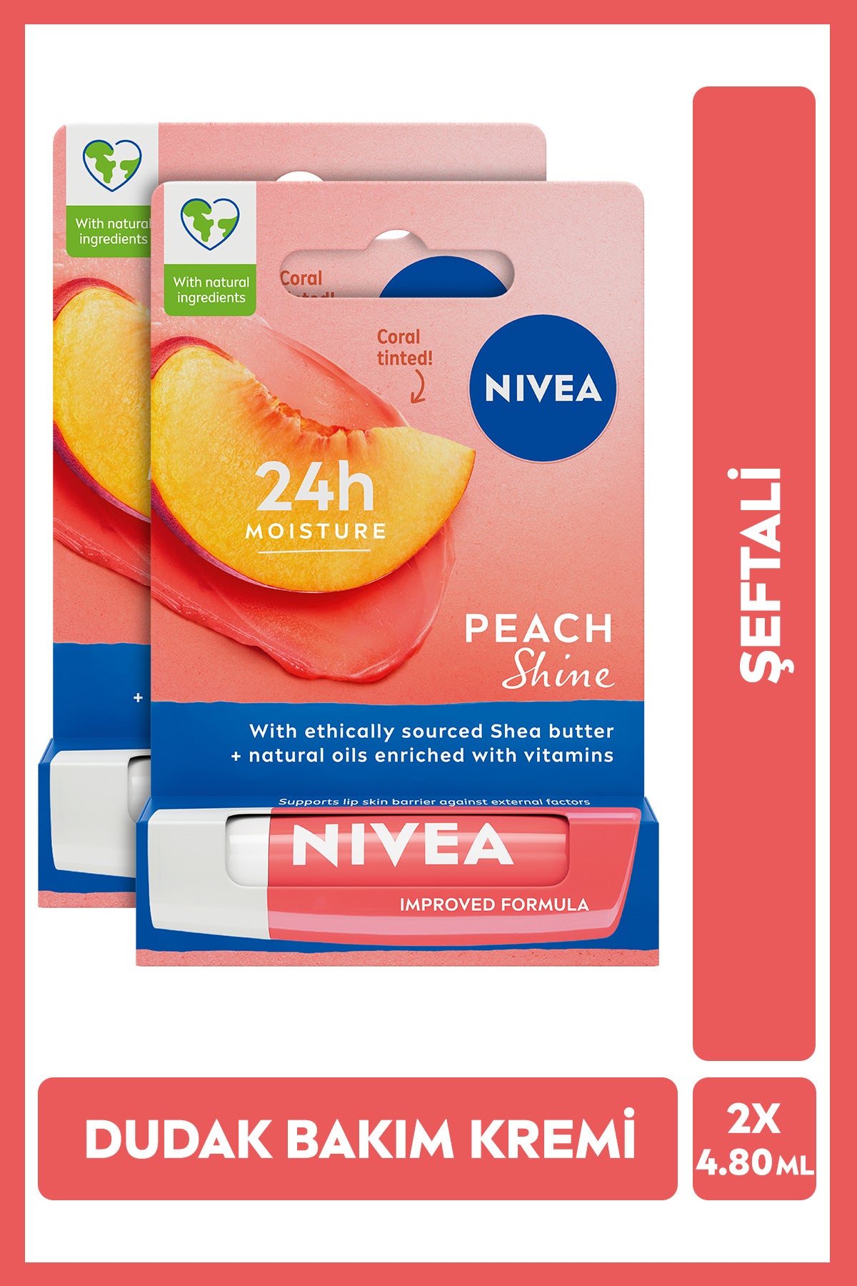 Nivea Peach Moisturizing Lip Care Cream and Gloss 4.8gr, Peach Scent, Coral Color, X2 Pieces
