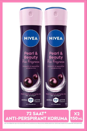 Nivea Women's Spray Deodorant Pearl&Beauty Fine Fragrance 150ml, 72 Hours Sweat Protection, Alcohol-Free, X2 Pieces