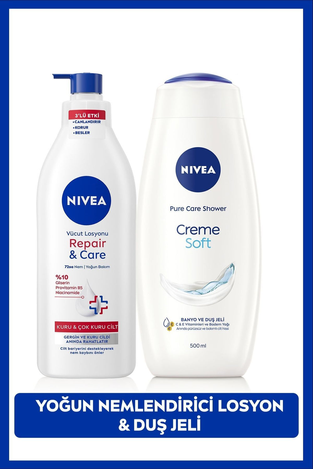Nivea Creme Soft Shower Gel 500ml and Repair Care Moisturizing Body Lotion 400ml, Itchy and Sensitive Skin