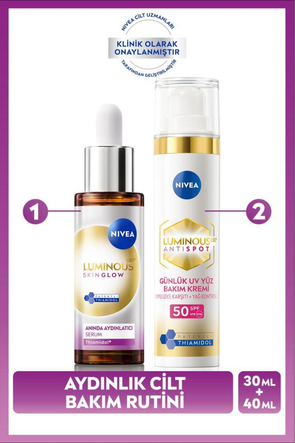 Nivea Luminous630 Brightening and Anti-Blemish Skin Care Set, SPF50 Facial Sun Cream 40ml, Serum 30 ml