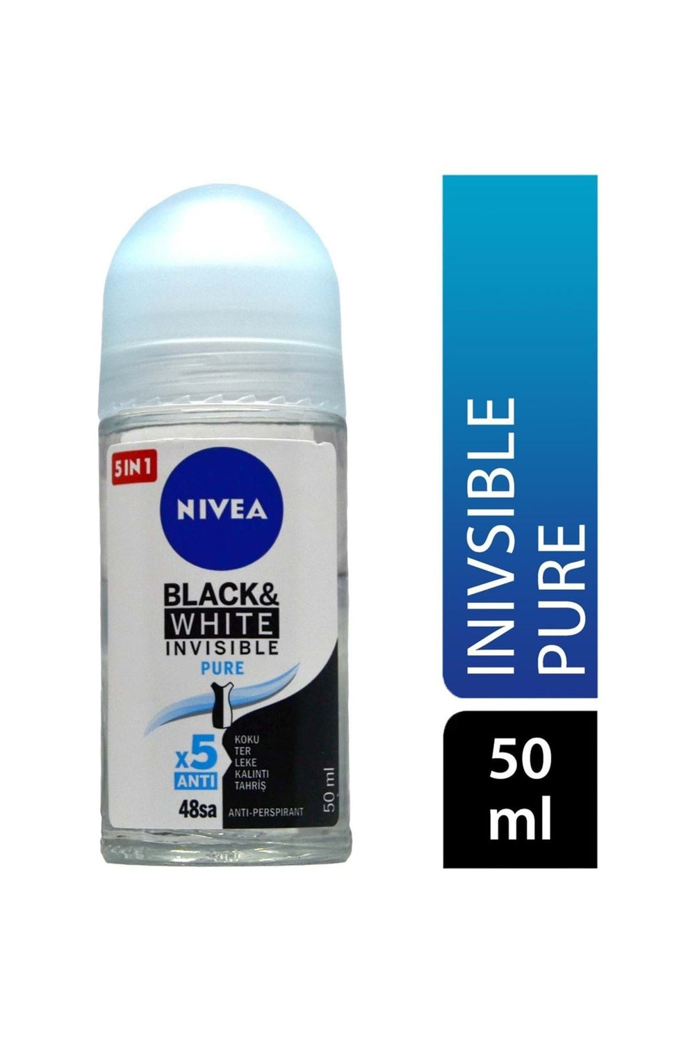 Nivea Women's Roll-on Deodorant Black&White Pure 50ml, 72 Hours Anti-perspirant Sweat Protection, Alcohol-Free