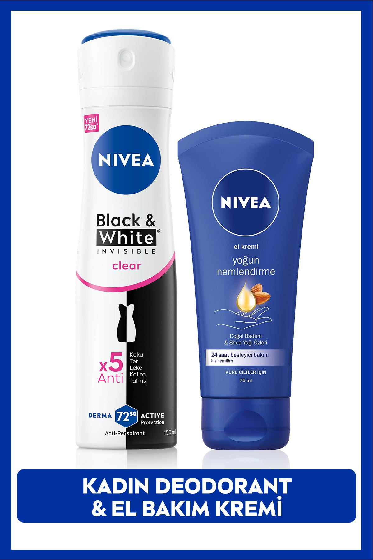 Nivea Women's Spray Deodorant Black&White Invisible Clear 150ml and Intensive Nourishing Moisturizing Hand Cream 75ml