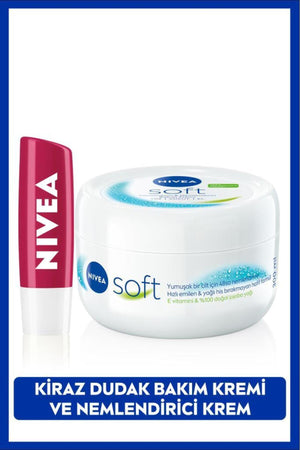 Nivea Soft Moisturizing Care Cream 300ml, Cherry Colored Lip Care Cream and Gloss, Vitamin E