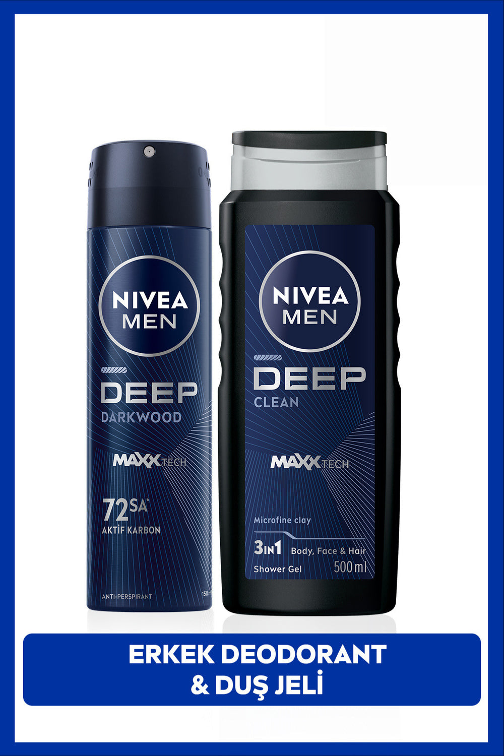 Nivea MEN Men's Spray Deodorant Deep Darkwood 150ml and Deep Clean Shower Gel 500ml, Care Set