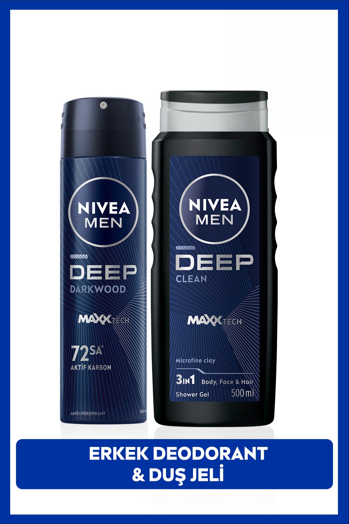 Nivea MEN Men's Spray Deodorant Deep Darkwood 150ml and Deep Clean Shower Gel 500ml, Care Set