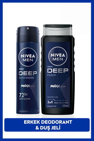 Nivea MEN Men's Spray Deodorant Deep Darkwood 150ml and Deep Clean Shower Gel 500ml, Care Set