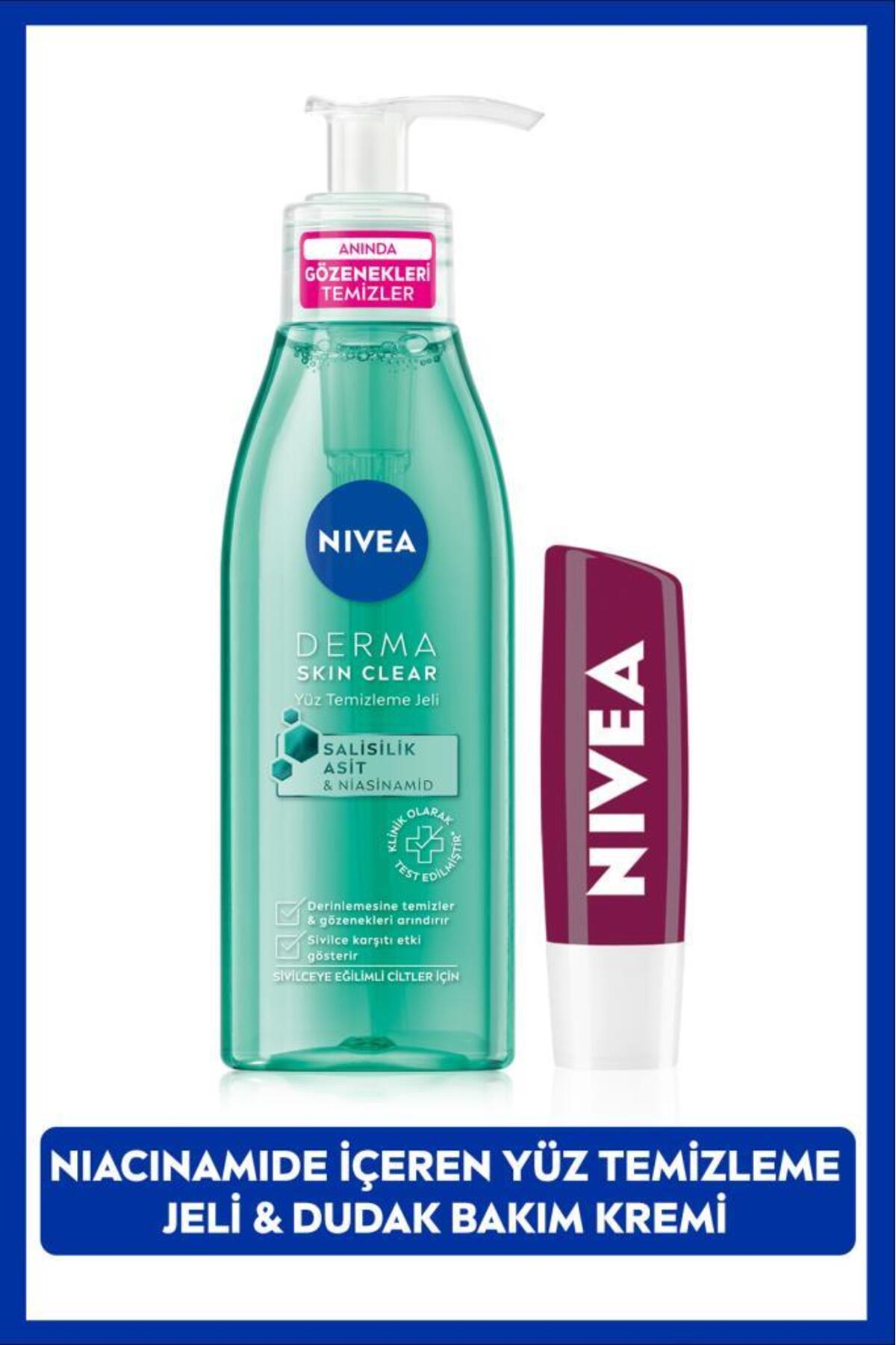 Nivea Derma Skin Anti-Acne Facial Cleansing Gel 150ml and Moisturizing Blackberry Lip Care Cream 4.8g