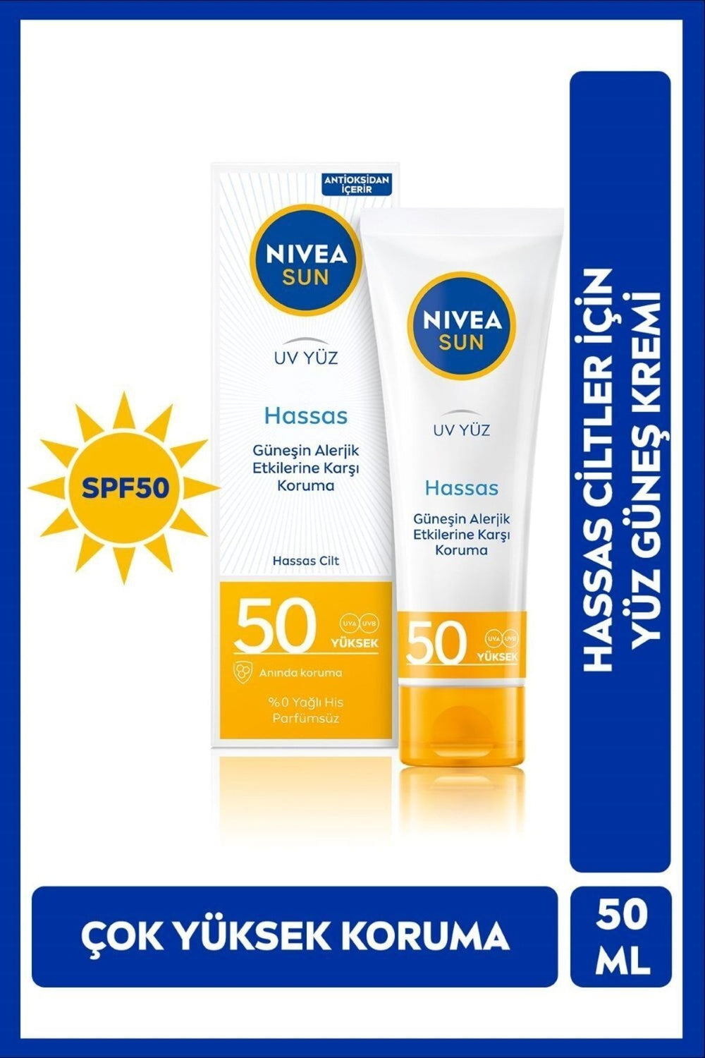 Nivea SUN SPF50 Sensitive Face Sun Care Cream 50ml, Sensitive Allergic Skin, UVA UVB Sun Protection, Moisturizing