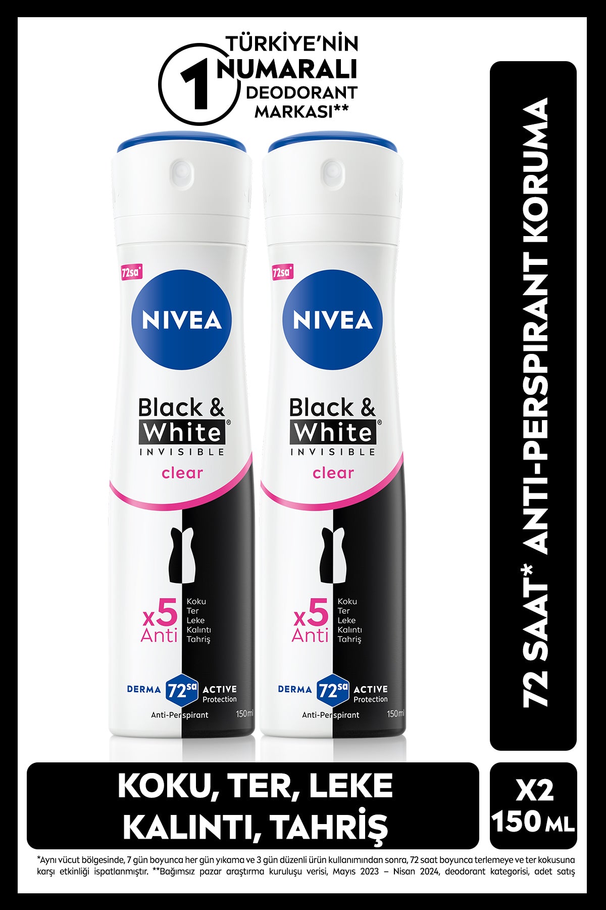Nivea Women's Spray Deodorant Black&white Clear 150ml, 72 Hours Anti-perspirant Sweat Protection, X2 Pieces